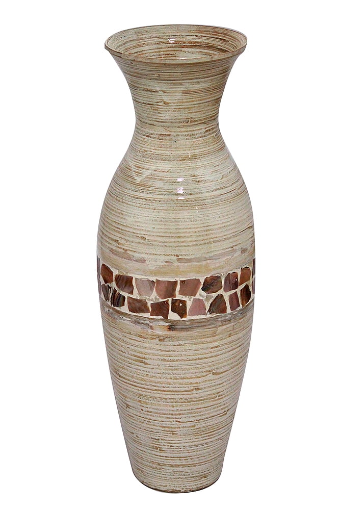 29" Spun Bamboo Floor Vase Bamboo In Distressed White W/ Coconut