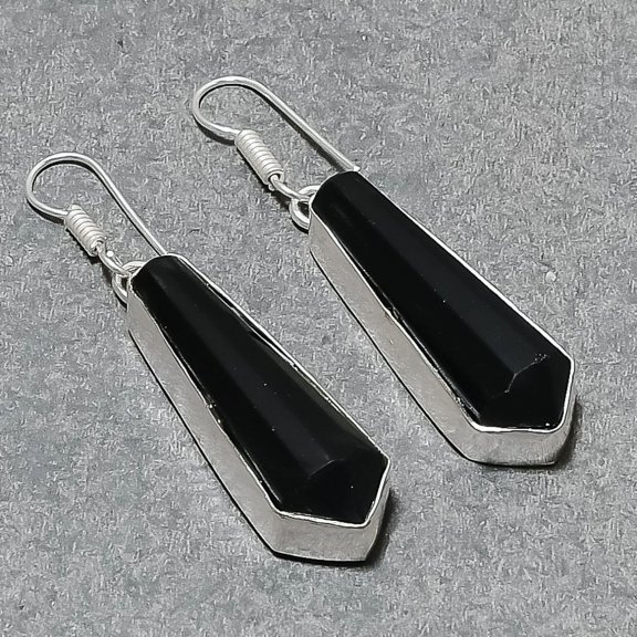 Black Spinel Pencil Shape Gemstone Earrings Handmade Antique Gift Jewelry 2.30"