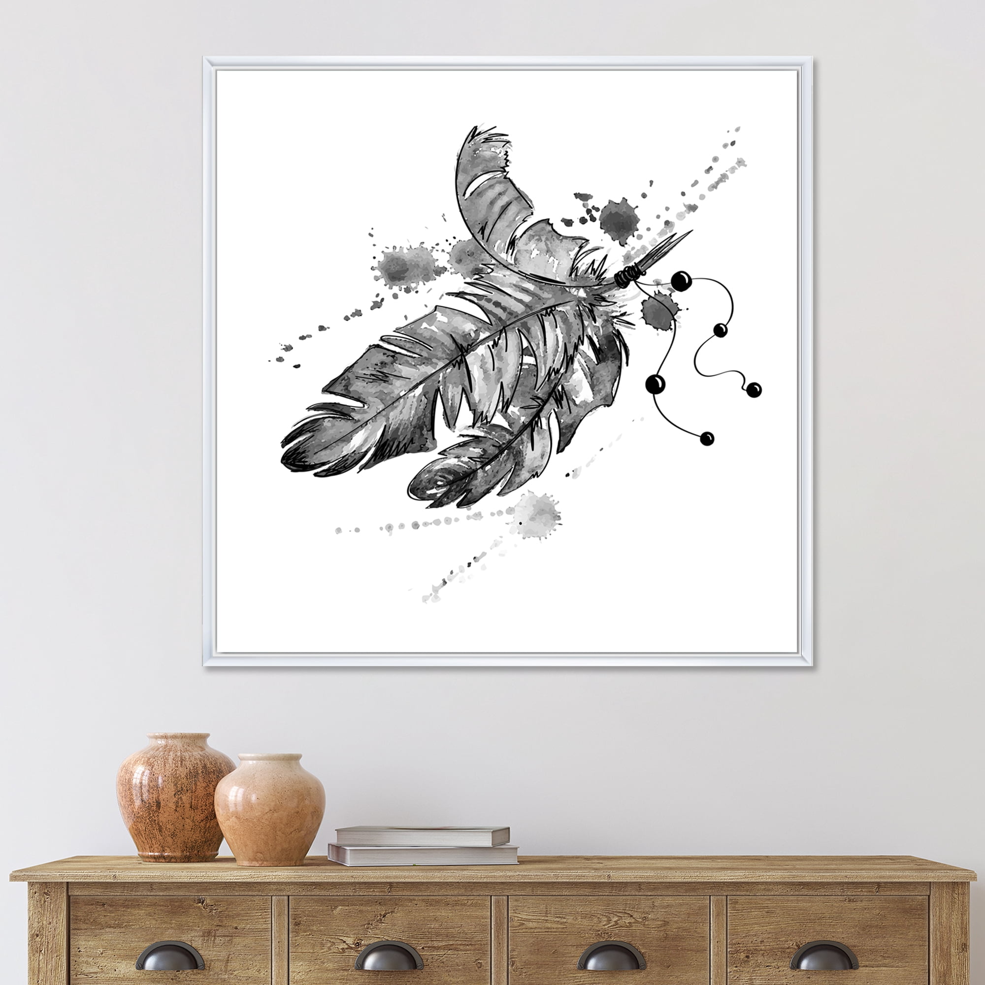 Designart 'Black and White Feathers Impression' Traditional Framed Canvas Wall Art Print
