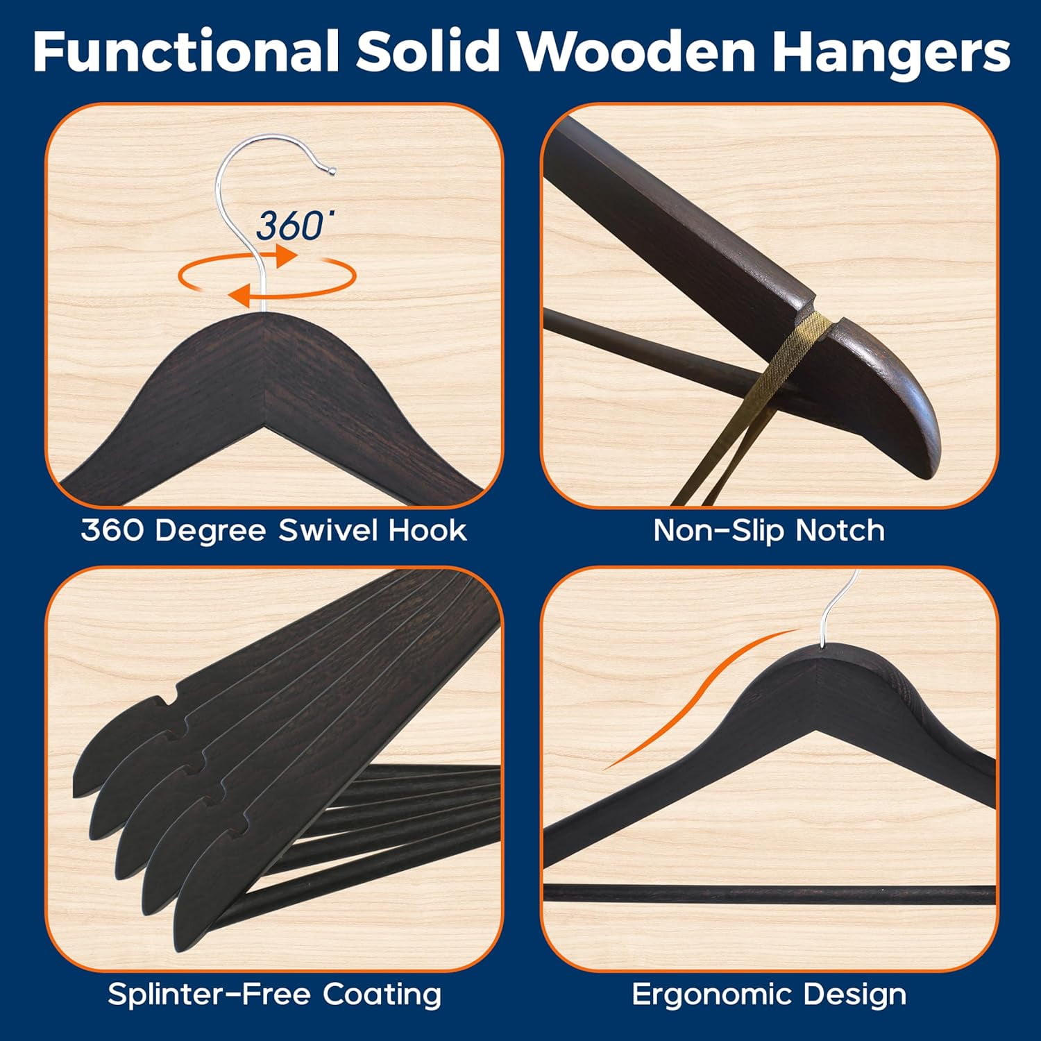 Vintage Wooden Hangers 5 Pack – Heavy-Duty with 360° Swivel Hook, Non-Slip, Pants Bar & Shoulder Grooves - Wooden Hangers for Suits, Jackets, Dresses & Camisoles, Space-Saving and Smooth Finish