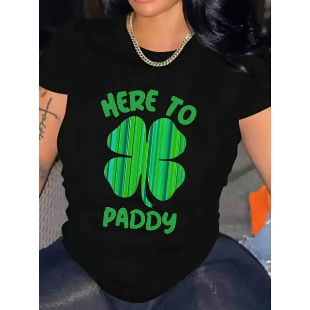 Camiseta de Mujer de Verano BásicaWomen's St. Patrick's Day "Here to Paddy" Clover Print T-Shirt - Soft, Casual Short Sleeve Crew NeckCamisetas de verano para mujer, manga corta, cuello redondo, cas