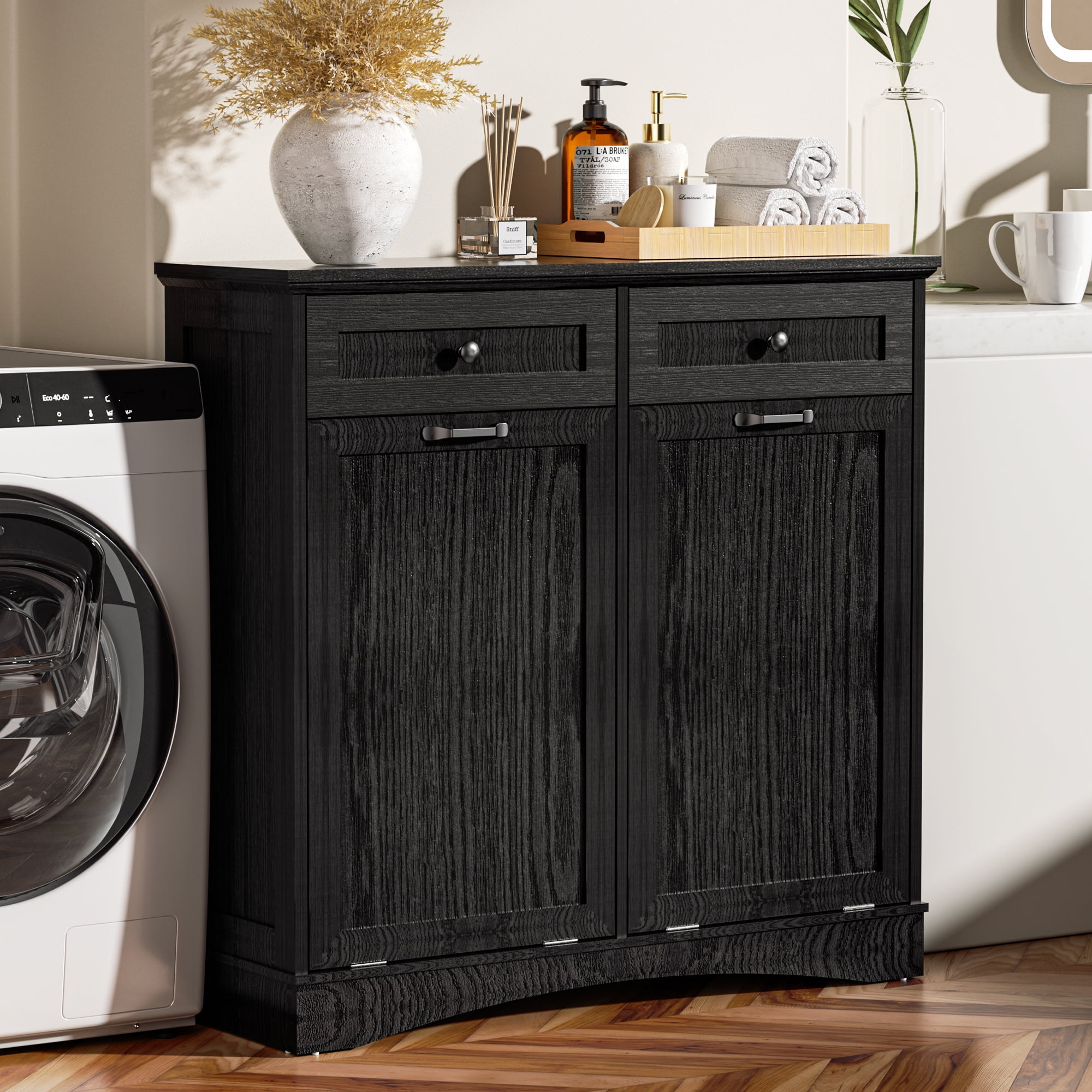 HARIPUL Double Tilt Out Trash Cabinet, 26 Gallon Trash Can Cabinet with Drawers & Handles for Kitchen, Black