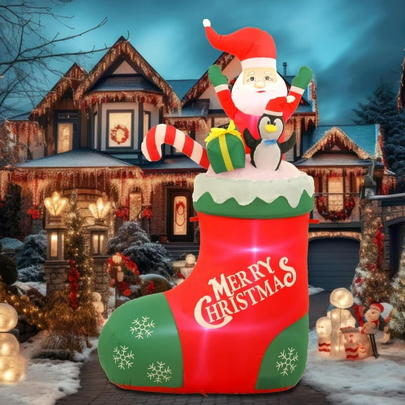 6FT Christmas Inflatables Outdoor Decorations, Inflatable Santa and Penguin Standing in Xmas Sock with Candy Cane, Christmas Blow Up Yard Decorations with Built-in LED Lights for Indoor, Lawn, Garden