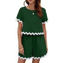 Viluyesy Round Neck Summer T-Shirt and Shorts Set for Womens Solid Color Tops Short Pants Fashionable Stripe Shirt and Shorts Sets Two PC Mint Green Size S