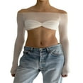thumbnail image 1 of Women Off Shoulder Long Sleeve Top Mesh Ruched Slim Fit Crop T Shirt Sheer Blouse, 1 of 6