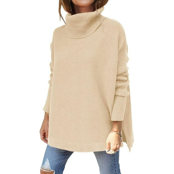 Women's Turtleneck Oversized Sweaters Long Batwing Sleeve Spilt Hem Tunic Pullover Knit Tops