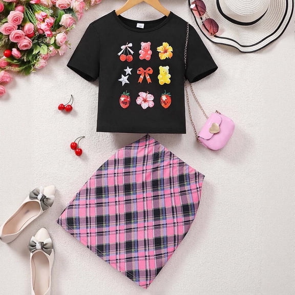 FASHOFT Summer Outfits For Girls Set 2 Piece Cute Printed Short Sleeve T Shirt With Plaid Skirt Casual Beach School Party For Age 13 16 Girl Clothing Sets Black