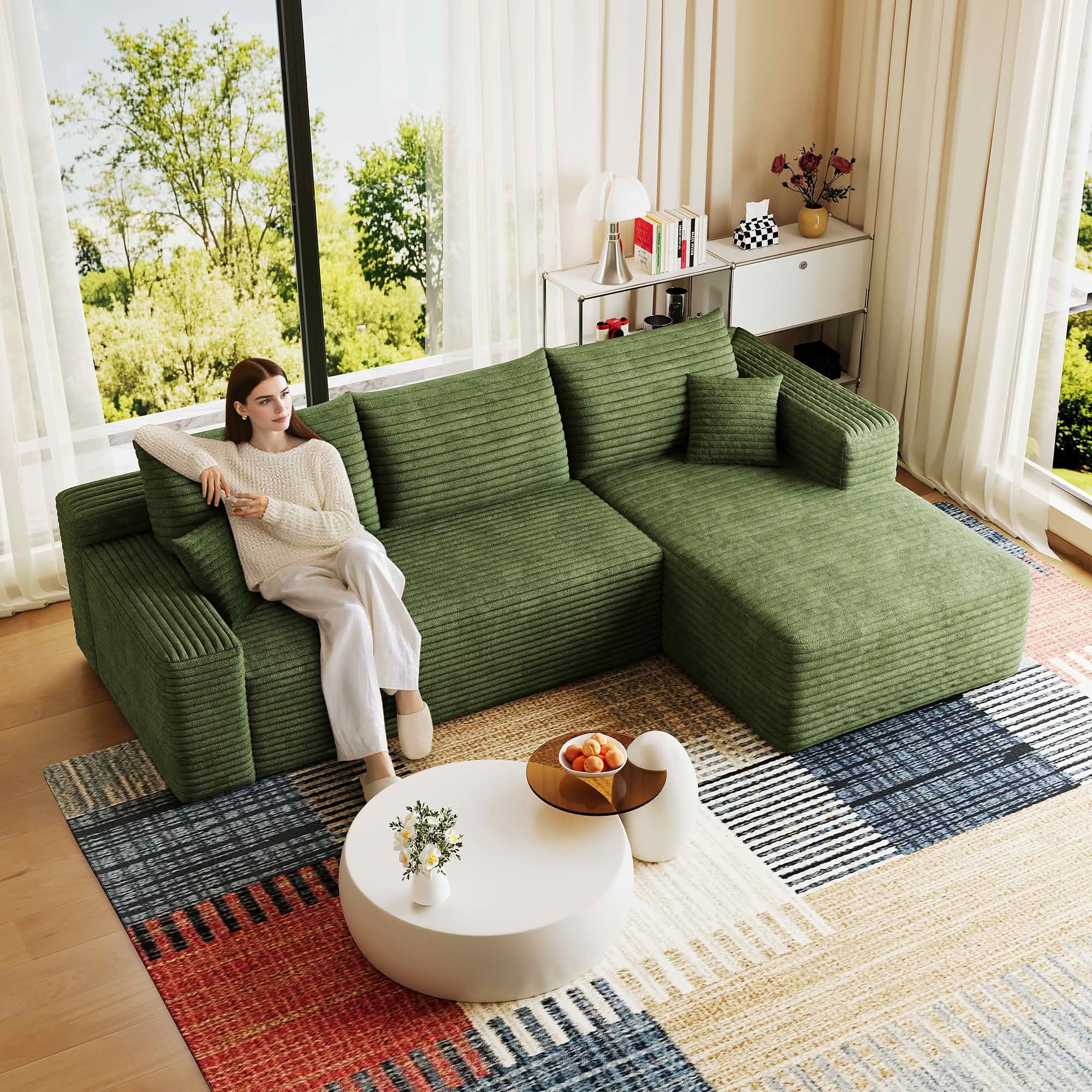 MAYEERTY 95 Inch Cloud U Shaped Sectional Sofa, Plush Corduroy Deep Seat Corner Couch, No Assembly Modern Minimalist Sofa for Living Room Apartment