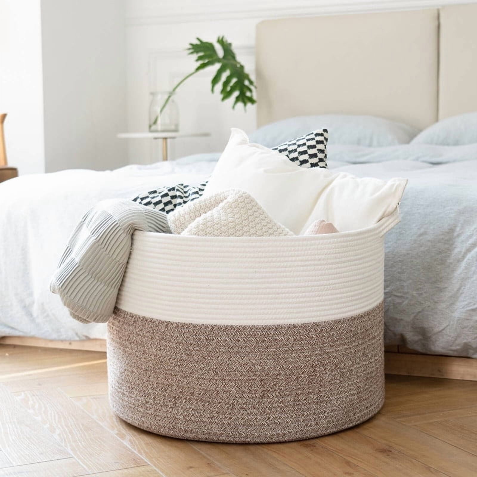 Timeyard Large Woven Laundry Hamper Basket - Decorative Storage Organizer for Living Room, Holds Toys Pillows Blankets Clothes - 21.7" x 21.7" x 13.8"-Brown