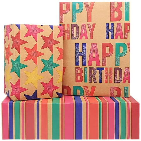 Joywei Ensemble De Rouleaux D Anniversaire En Papier D Emballage Kraft 3 Feuilles 44x100cm Joyeux Anniversaire Rayures Et Etoiles Arc En Ciel Toutes Les Occasions D Emballage Cadeau Walmart Canada