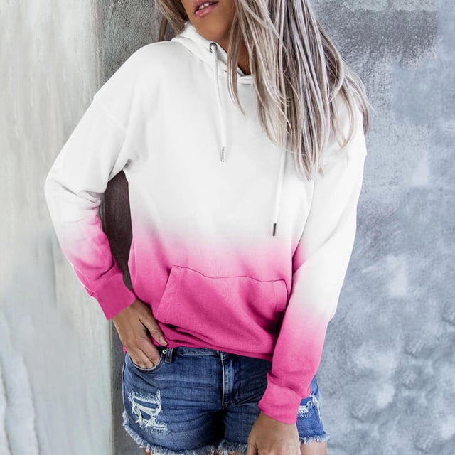 Simua Women's Fashion Hoodies Long Sleeve Color Gradient Pullover Tops Loose Sweatshirt with Pocket