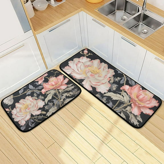 Flowers Pink with Leaves Kitchen Mats Set 2 Piece Non Slip Floor Foam Rugs Cushioned Soft Waterproof Carpet Runner for Dining Room Bathroom Laundry