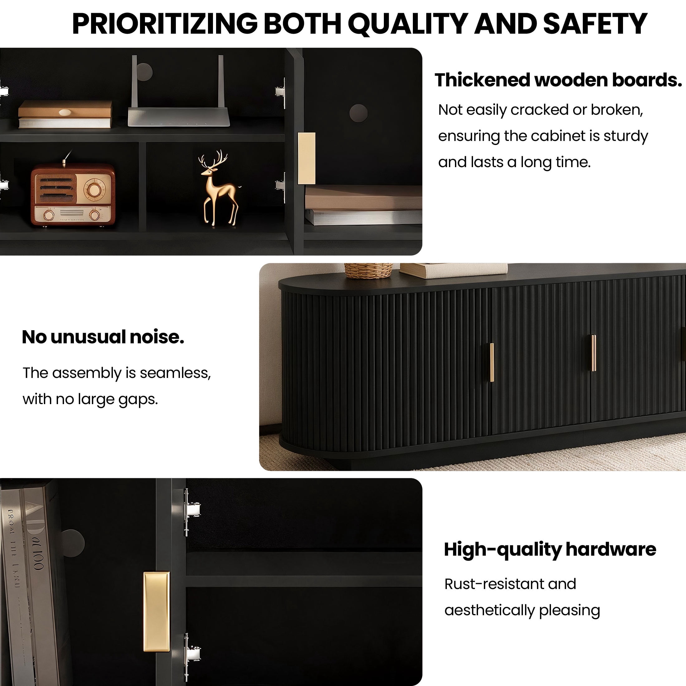 PORKISS Modern Fluted TV Stand for 75 Inch TV, Wood Entertainment Center with Tambour Sliding Doors, TV Console with Storage Cabinet, Media Console Table for Living Room Bedroom, Black