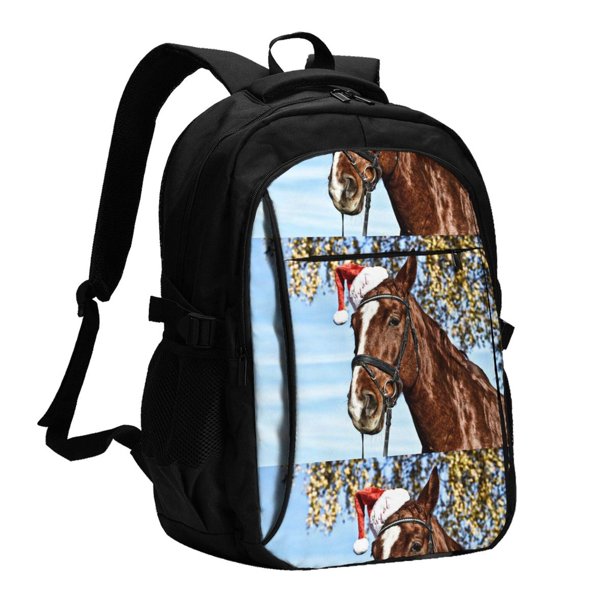 Balery Christmas Horse Mochila con carga USB para hombre y mujer - Mochila impermeable y antirrobo para portátil con puerto USB para viajes, trabajo, estudios y universidad
