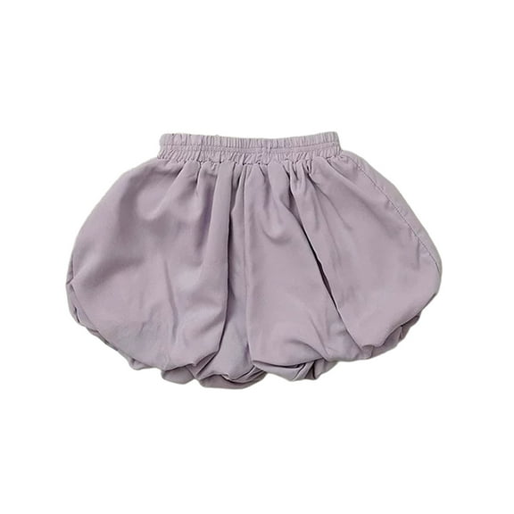 FINALGANG Girls Kids Solid Color Balloon Puff Shorts Elastic Waist Ruffled Layered Lightweight Casual Shorts For Summer Daily Wear Purple 5-6 Years