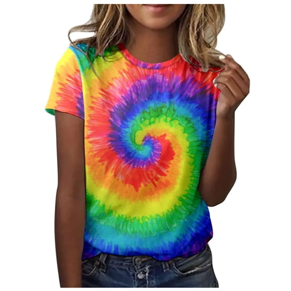 Luwomo T-Shirts for Women Crew Neck Rainbow Color Printed Short Sleeve Loose Pullover Casual Tops