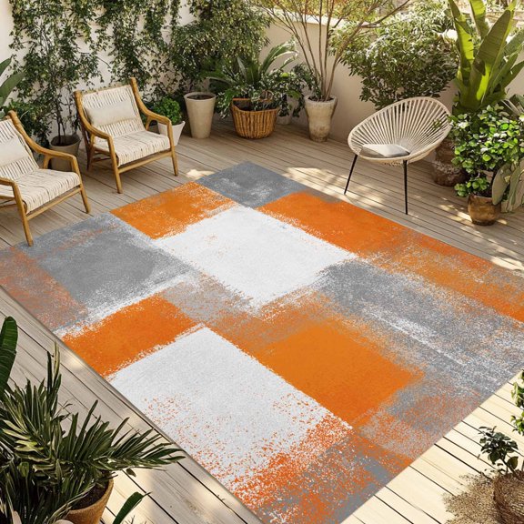 Orange Grey Abstract Art Outdoor Rug 5x8 ft White Graffiti Retro Gradient Non Slip Patio Rug Washable Absorbent Large Outdoor Carpet Outside Mat for Porch RV Garden Camping