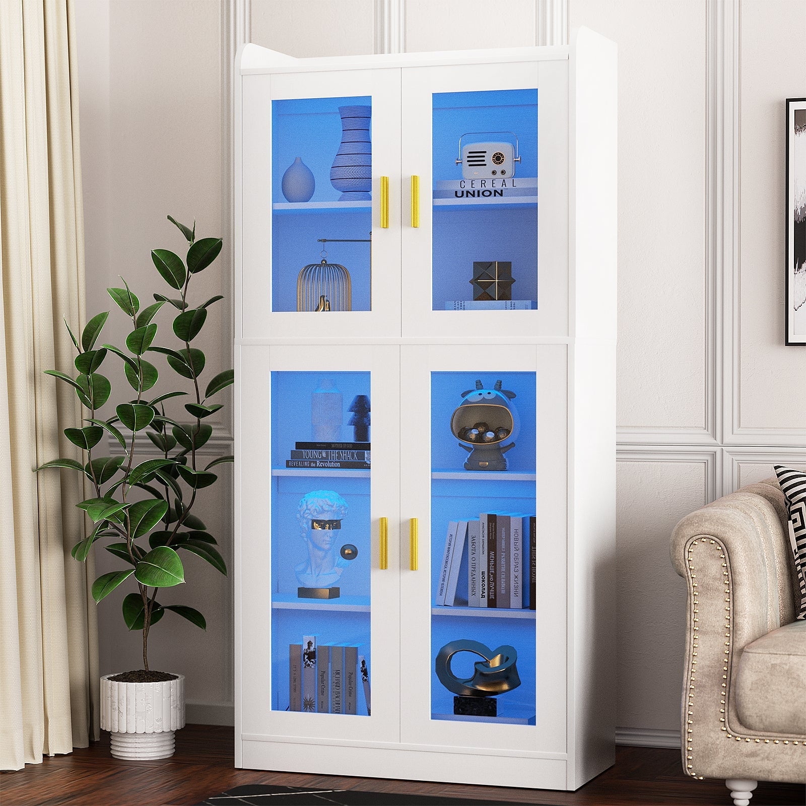 Homieasy 6-Shelf Bookcase with 4 Glass Doors, 67.4 inch Tall Bookcase with RGB LED Lights, for Living Room, Bedroom, Dorm Room, Black