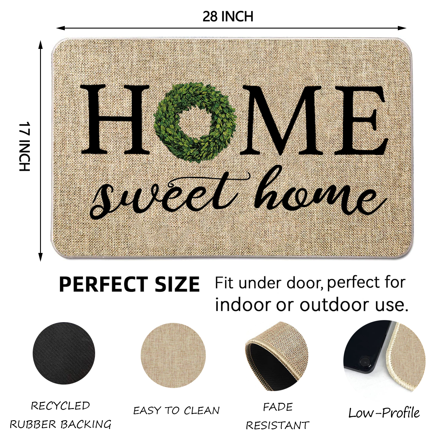NYDECOR Welcome Mat for Front Door Rustic Farmhouse Door Mat Wreath Home Sweet Home Doormat Quote Floor Mats Rubber Non Slip Entrance Rug for Indoor Outdoor, 17" x 28"