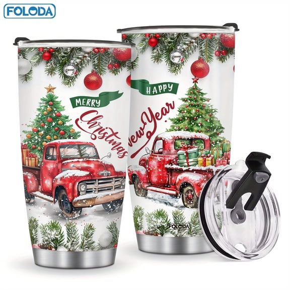 Christmas Tree Gift Red Old Truck Coffee Tumbler Travel Outdoor Mug Insulated Stainless Steel Coffee Mug 20oz With Lid Exquisite Art Gifts For Women Men Friends Cups Birthday Christmas Gifts