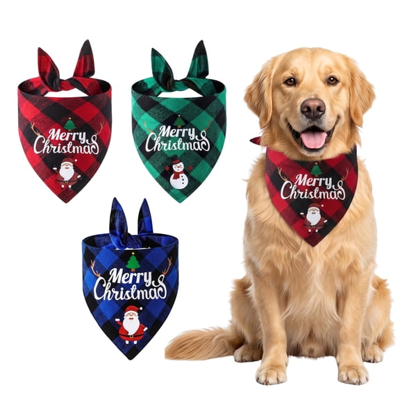 WAAYEEPAL Christmas Pet Bandanas, Classic Plaid Triangle Scarf for Dogs and Cats, Santa Snowman Print, 3 Pack