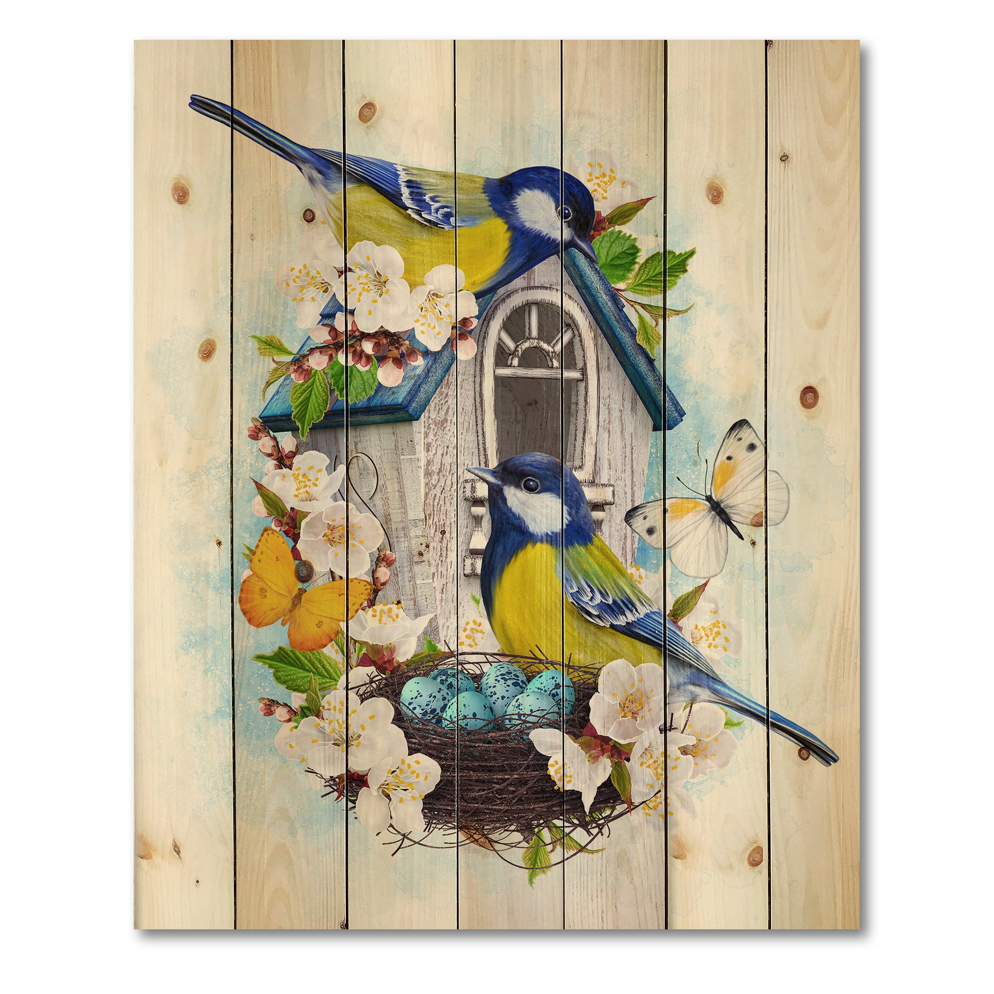 Designart 'Two Tit Birds Sitting Near The Nest With Eggs and White Flowers I' Traditional Print on Natural Pine Wood
