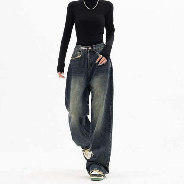 Pantalones vaqueros de cintura alta para mujer, ropa de calle estilo Harajuku Vintage BF, holgados, a la moda, de pierna ancha