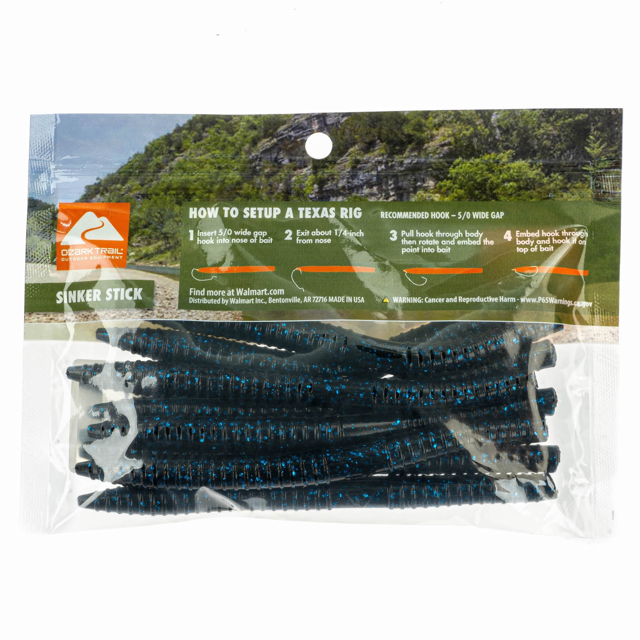 (2 pack) Ozark Trail Sinker Stick 5.5", Black Blue Flake, 8 pieces Fishing Soft Baits