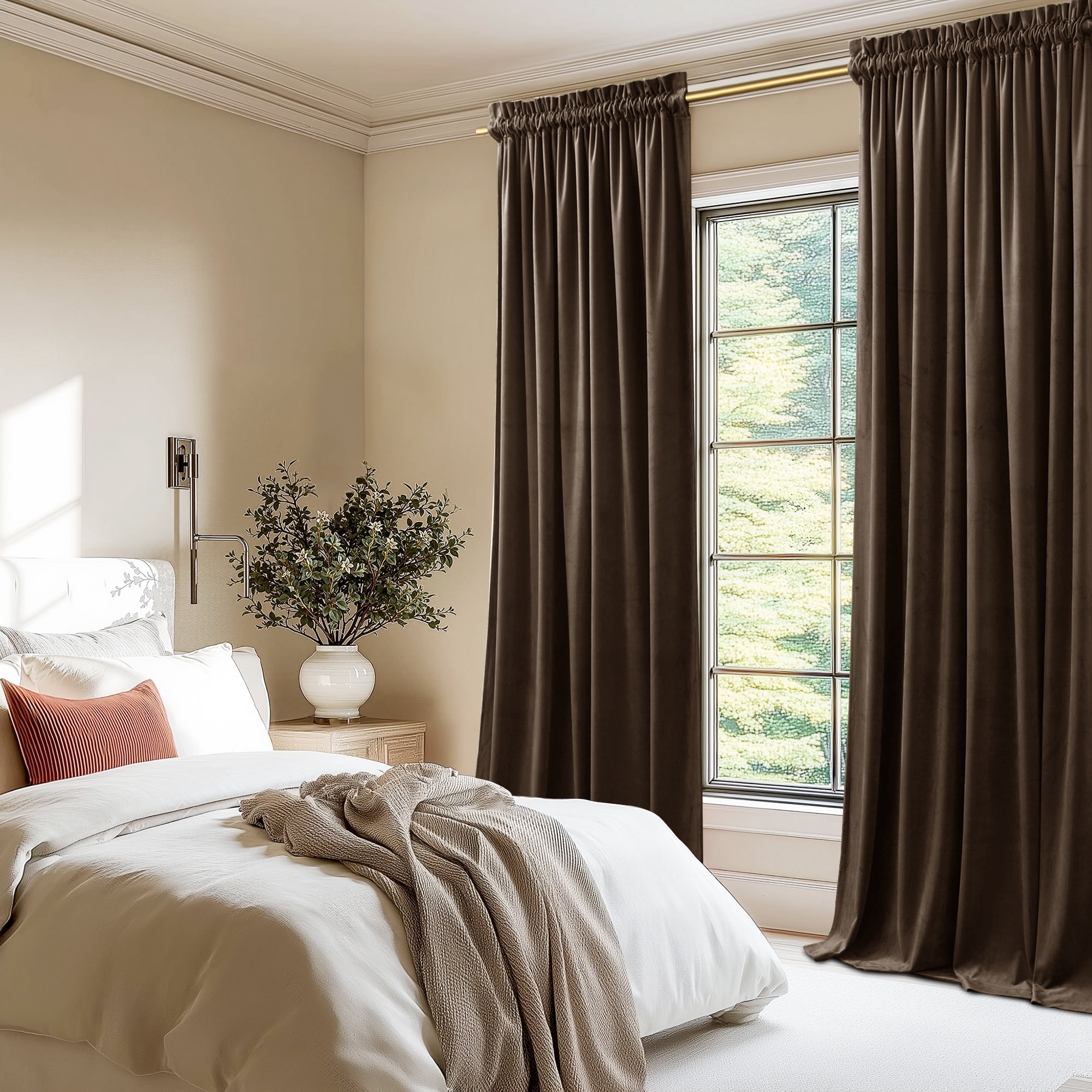 NICETOWN Blackout Velvet Curtains for Bedroom, Thermal Insulated Noise Reducing Room Darkening Rod Pocket Curtains Drapes Panels 52x102 inch 2 Panels, Brown