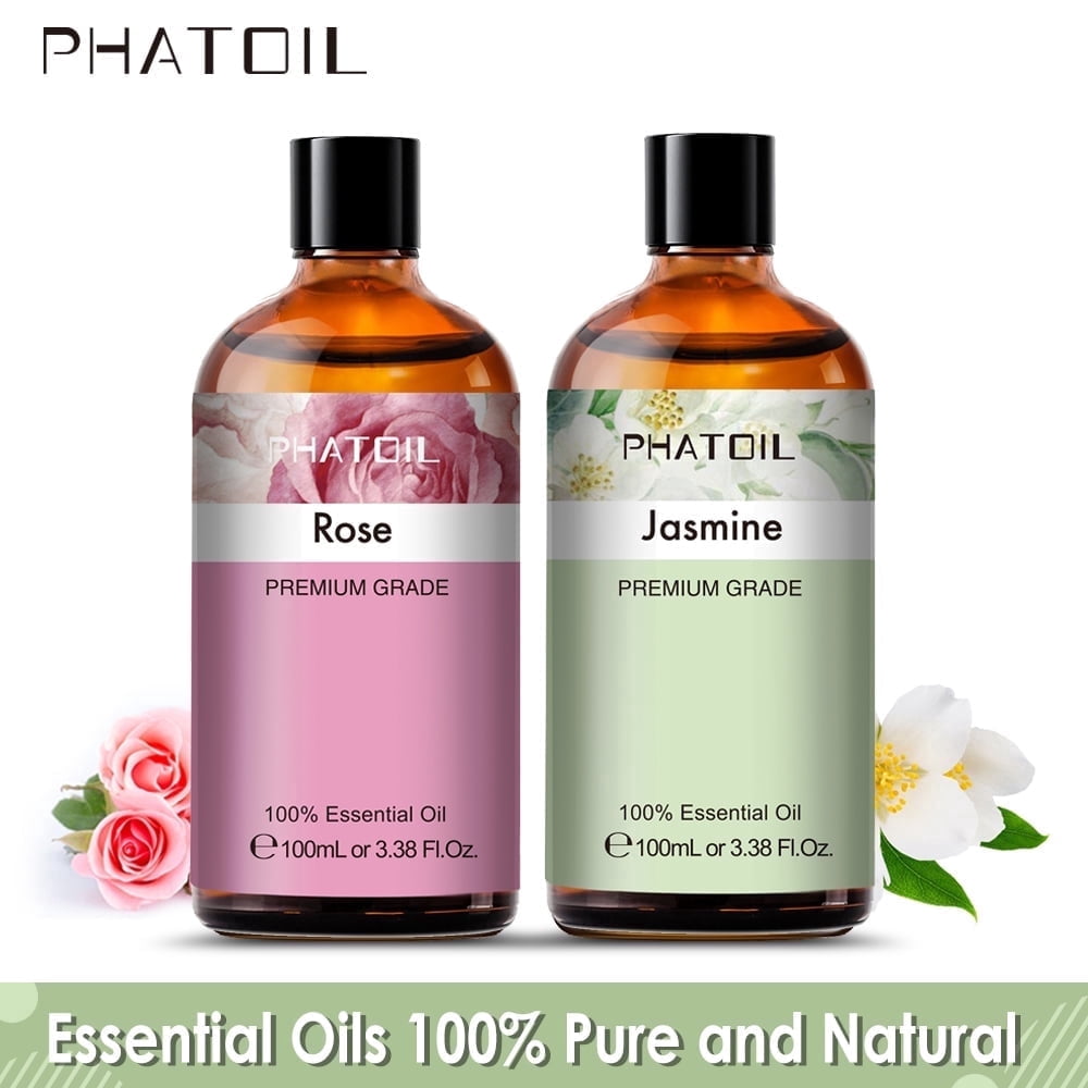 PHATOIL Rose Oil and Jasmine Essential Oils Set 100% Pure and Natural for Diffuser, Candle Making,Face, Skin Care, Aromatherapy, Hair Care, Scalp and Body Massage, 3.38 Oz