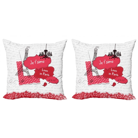 Eiffel Tower Throw Pillow Cushion Cover Pack of 2, Je T'aime Love in Paris Oh La La Calligraphy, Zippered Double-Side Digital Print, 4 Sizes, Grey Dark Coral, by Ambesonne