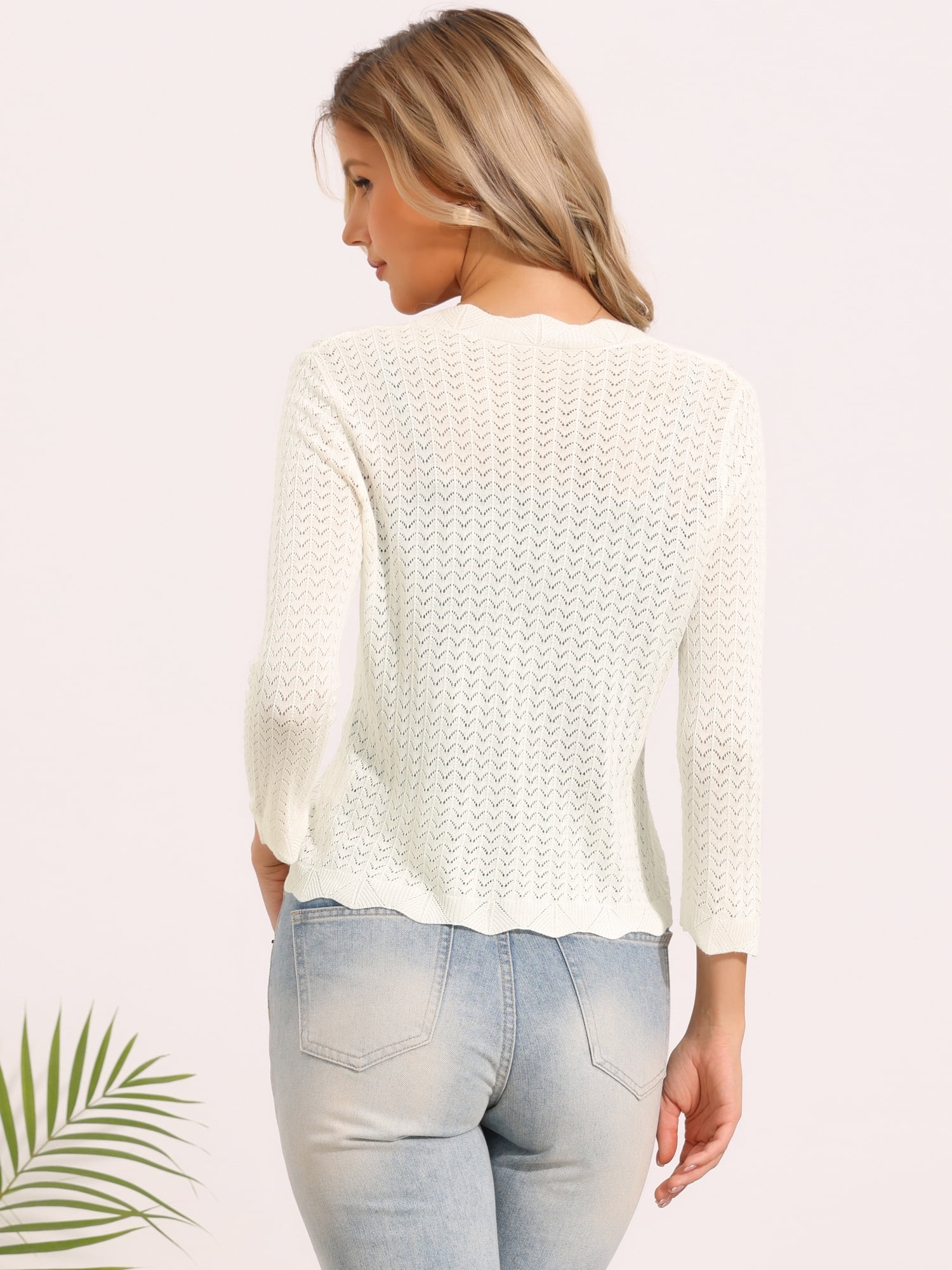 DARING DIVA Women's Crochet Bolero Shrug 3/4 Sleeve Cropped Cardigans Top S White
