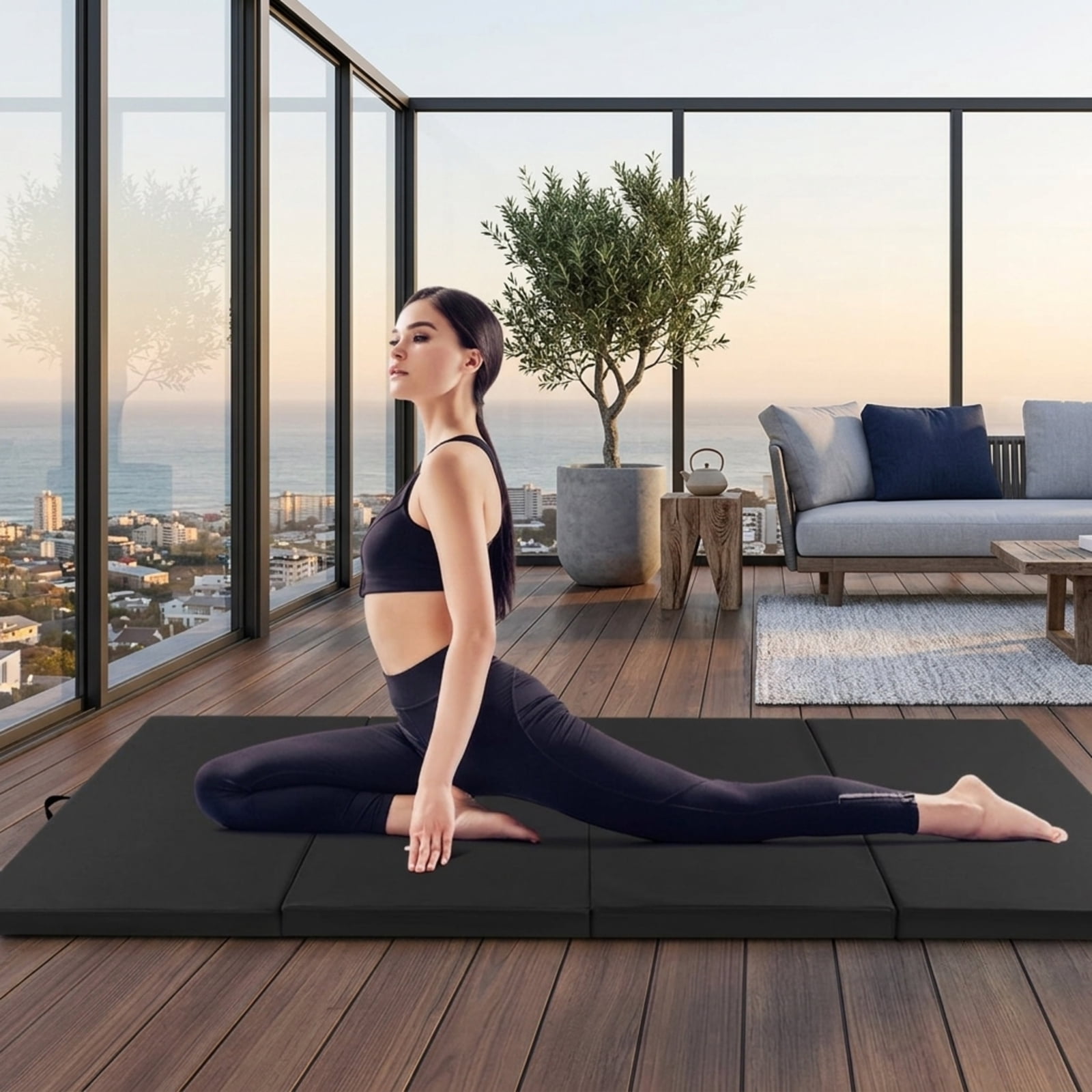 Airfind 4 Panel Folding Exercise Mat with Carrying Handles and Thick Foam for Home Gym Gymnastics Yoga and Tumbling Workouts, Black