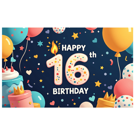 Blue Backdrop Happy 16th Birthday Banner with Balloons Stars and Hearts Party Decors Photography Props for Birthday Party Celebration Photo Booth Setup