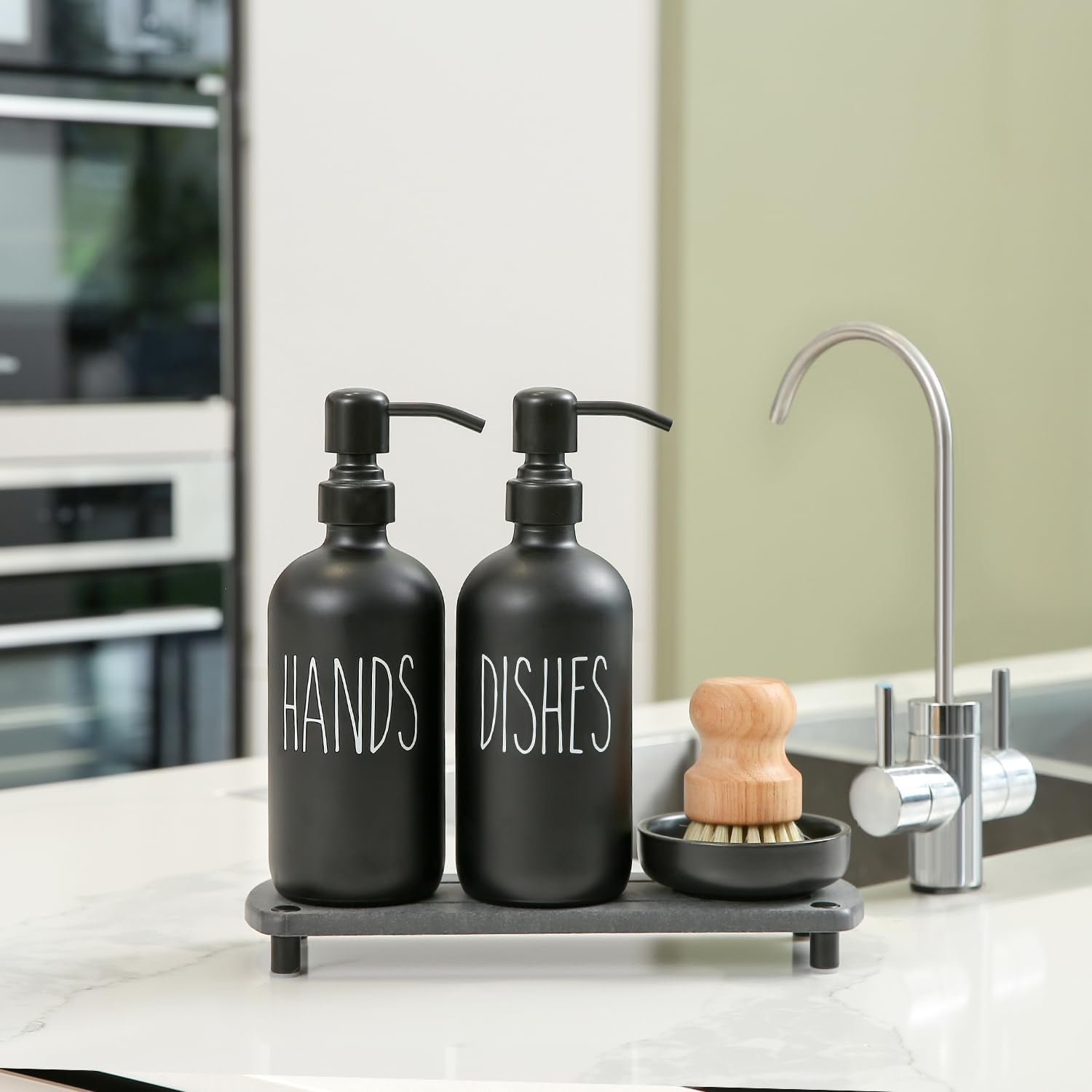 Matte Black Soap Dispenser Set Comes with Stainless Steel Pumps, Instant Dry Tray, and Dish Scrub Brush, Suitable for Matte Black Kitchen Accessories. (Black)