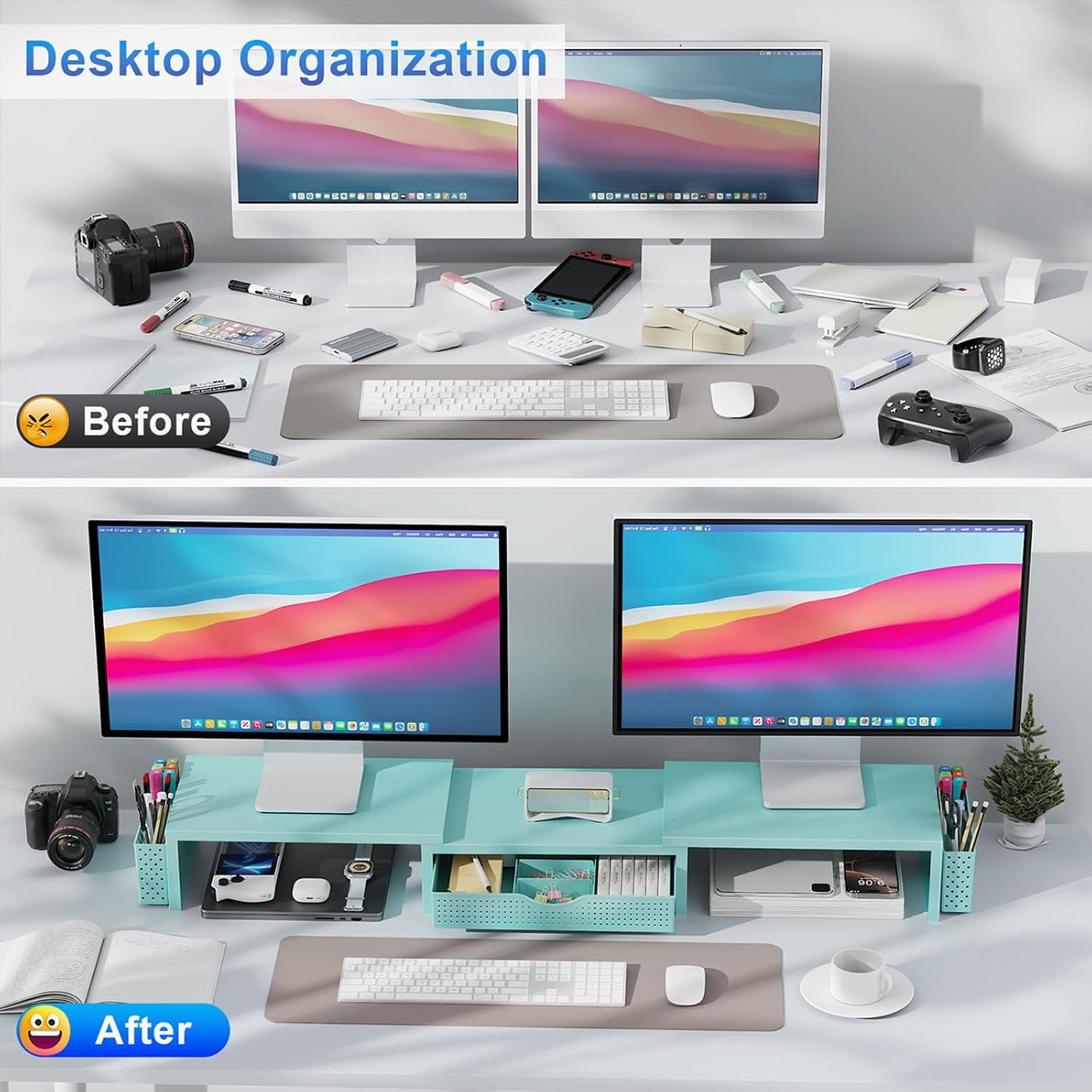 Dual Monitor Stand Riser with Drawer and Pen Holders, Wooden Desk Shelf Organizer for Computer Monitor