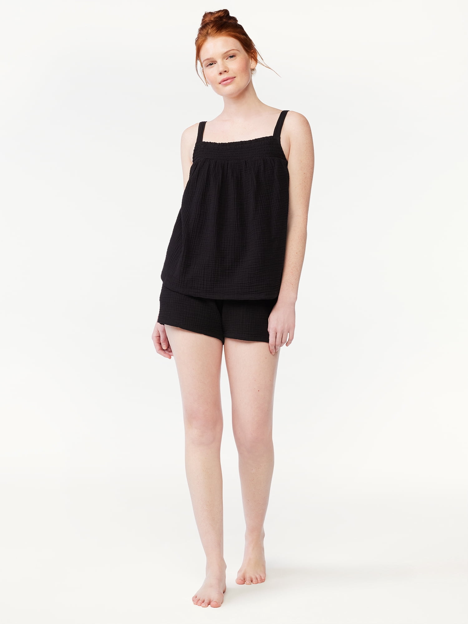 Joyspun Women's Gauze Smocked Cami Top and Shorts Sleep Set, Sizes S to 3X