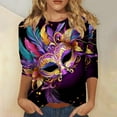 thumbnail image 2 of Penkiiy 2024 Shirt 3/4 Sleeve Mardi Gras Womens Fancy Blouse Carnival Mask Print Tunic Theme Party Round Collar Tee S Purple, 2 of 5