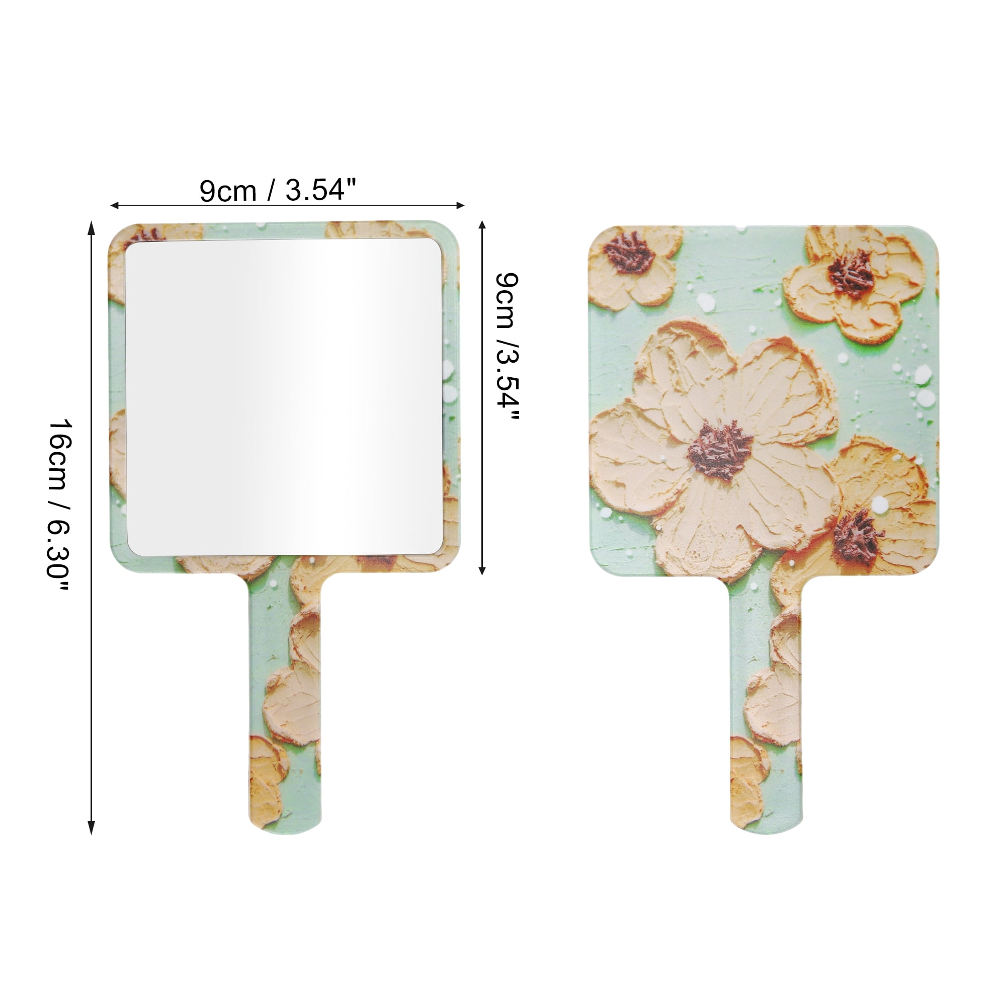 Unique Bargains 1 Pc Women Floral Square Handheld Mirror for Business Travel Green Yellow