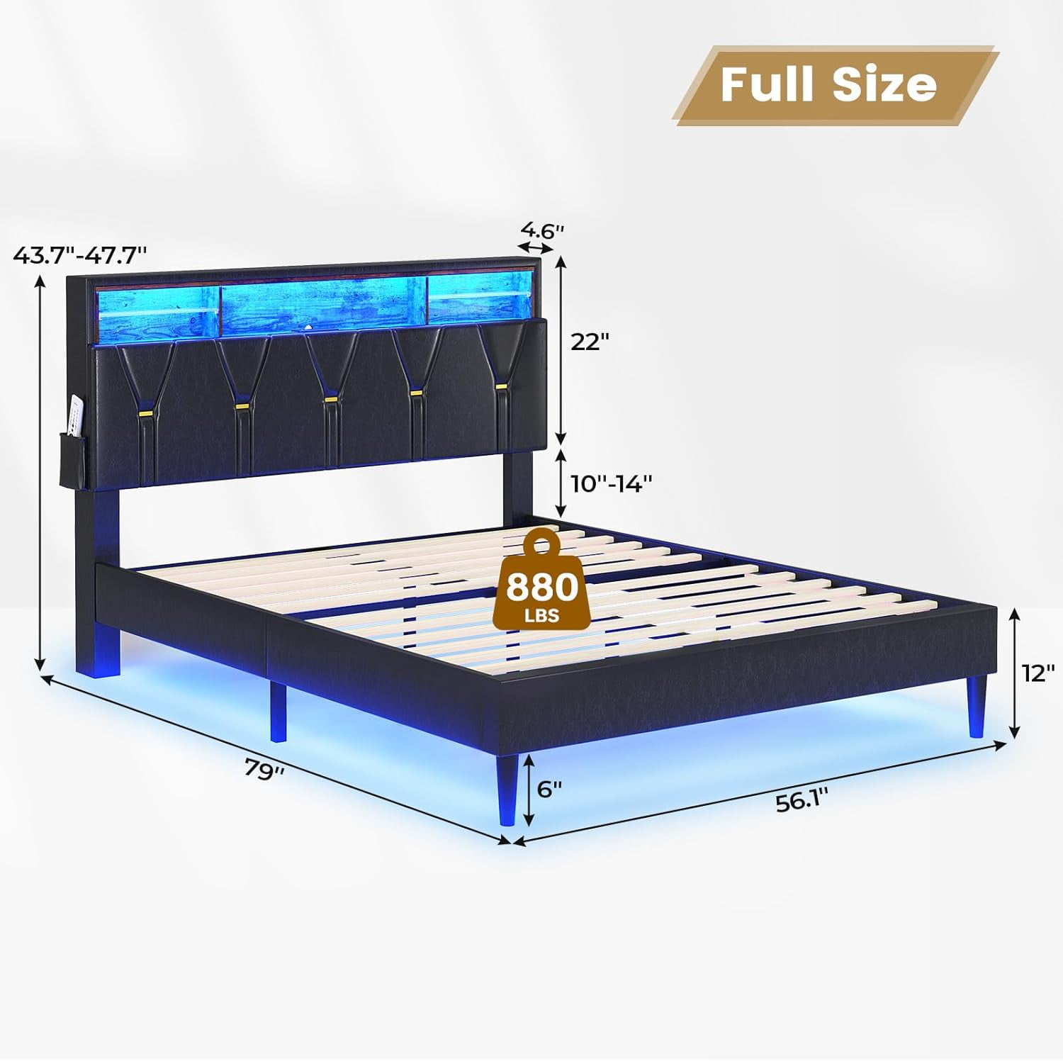 Full Size LED Bed Frame with Upholstered Storage Headboard,Platform Bed with Charging Station and LED Lights,Adjustable Headboard,No Box Spring Needed, Black