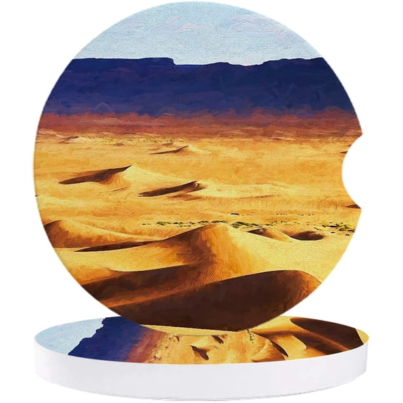 FMSHPON Oil Painting Texture Desert Set of 6 Car Coaster for Drinks, Absorbent Ceramic Stone Coasters Cup Mat with Cork Base for Home Kitchen Room Coffee Table Bar Decor