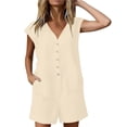 thumbnail image 7 of fheaev Cotton Linen Romper for Women V Neck Button Cap Sleeve Summer Casual Loose Fit Shorts with Pockets Beige S, 7 of 7