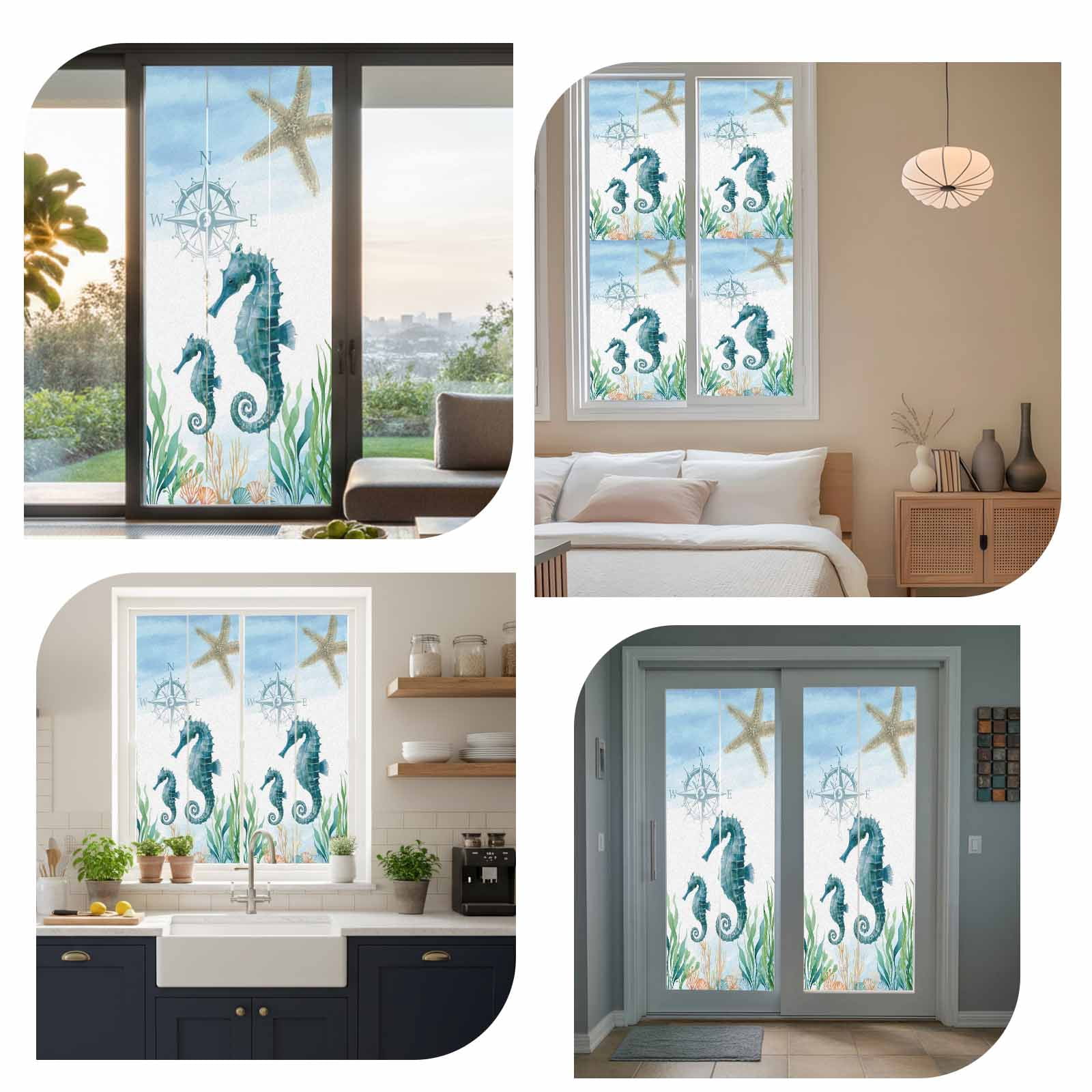 Ocean Blue Window Privacy Film, Seahorse Starfish Compass Seagrass Coral Coastal Frosted Glass Window Clings Static Cling UV Heat Blocking Reusable Door Sticker for Bathroom 23.6 x 59 Inch
