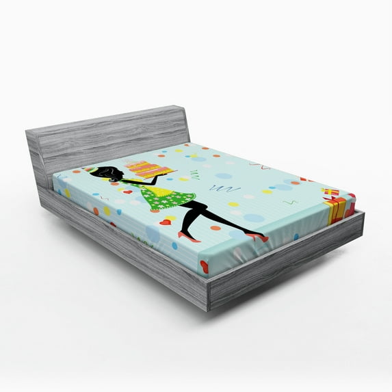 Ambesonne Fun Fitted Sheet, Mother with Cake Cartoon, Full Size, Multicolor