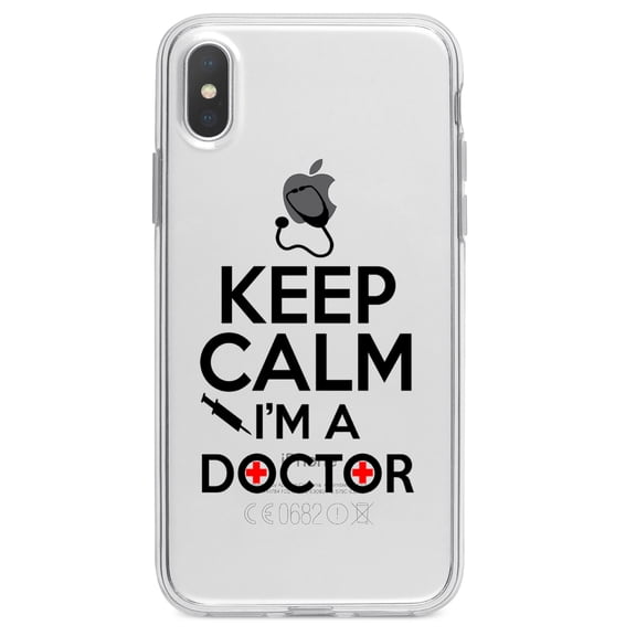 DistinctInk Clear Shockproof Hybrid Case for iPhone XS Max (6.5" Screen) - TPU Bumper Acrylic Back Tempered Glass Screen Protector - Keep Calm I'm A Doctor