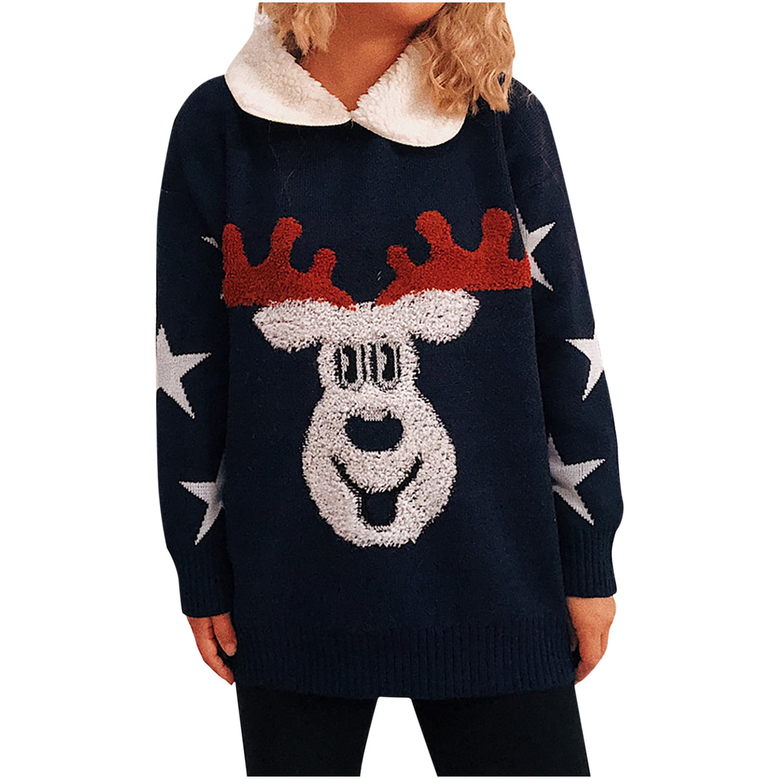 Chiccall Ugly Christmas Sweater for Women, Funny Reindeer Shirt Knit  Sweaters Long Sleeve Splicing Lapel Graphic Tops,on Clearance 