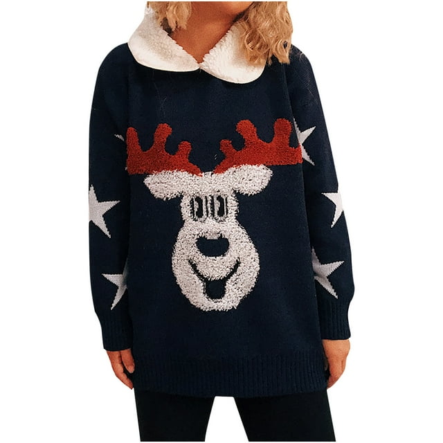 IROINID Pull à Col Rond pour Femmes Imprimé Confortable Mi-Longueur Manches Longues Hiver Noël Pull à Col Rabattu Blouse
