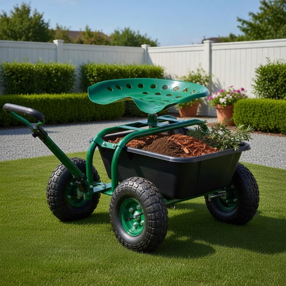 Topcobe Heavy Duty Garden Cart with Tool Tray and 360 Swivel Seat, Rolling Garden Cart Stool, Gardening Seat with Wheels