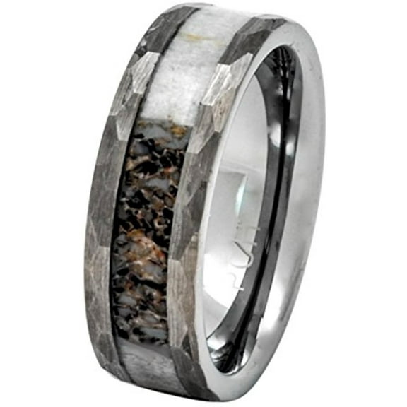 Deer Antler Ring in Tungsten Hammered Finish 8mm Comfort Fit Wedding Band (8.5)