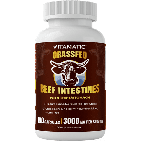 Vitamatic Grass-Fed Beef Intestines + Tripe/Stomach 180 Capsules – Freeze-Dried, Non-GMO, Bovine Liver Supplement – Pasture-Raised, Glandular-Based Formula